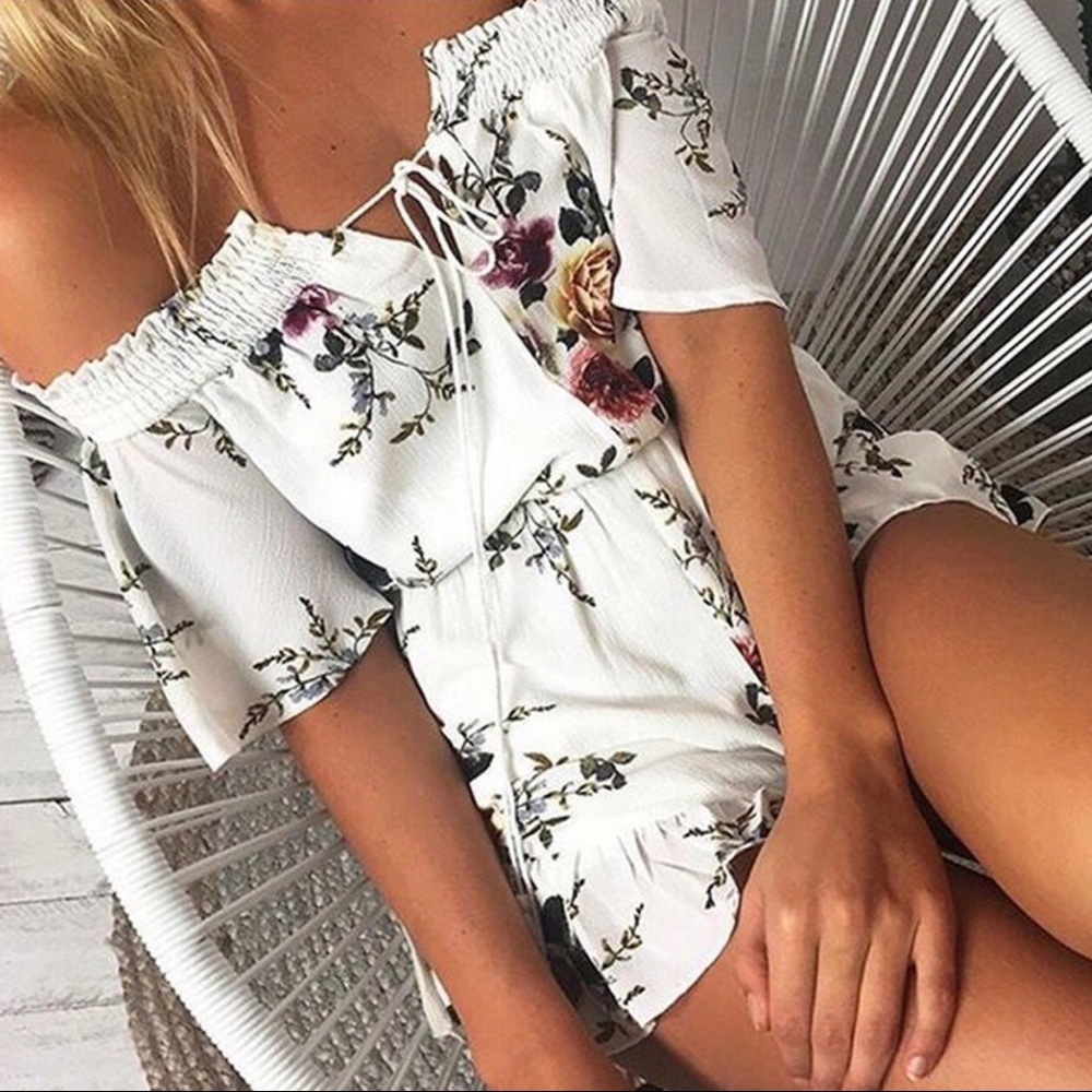 Cottage Floral Off Shoulder Ruffled Tie Front Romper - Picture 2 of 7